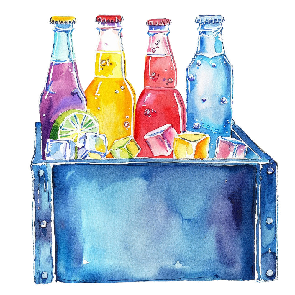 colorful beverages, soda bottles, cola bottles, bright yellow, vibrant blue, coral red, purple, ice cubes, summer drinks, refreshing, whimsical illustration, modern art, watercolor style, beverage themed, drink motifs, retro diner, fun and playful, casual style, children's design, entertaining, cooler aesthetic, party theme, lemonade stand, beverage bottles, illustrative art, contemporary, colorful palette, fun prints