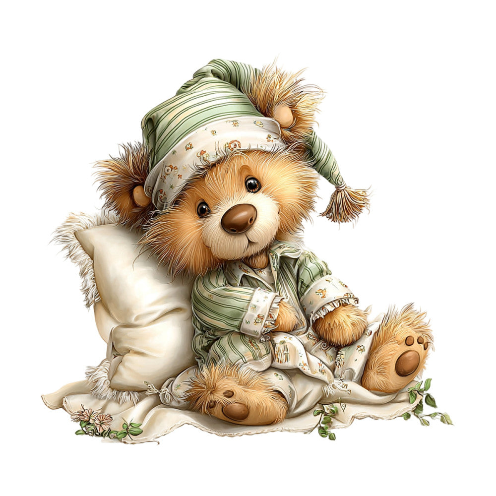 teddy bear, sage green, cream, tan, brown, cute animals, whimsical, vintage style, nursery, baby, children's, storybook, illustrated, bedtime, nighttime, sleeping bear, pajamas, nightcap, cozy, comfort, soft, gentle, classic, timeless, cottage core, farmhouse, decorative pillow, baby quilt, wall hanging, nature inspired