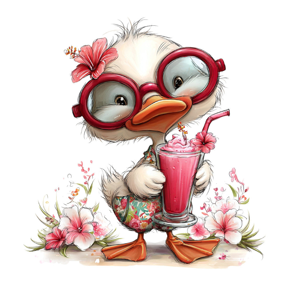 whimsical duck, pink flowers, red glasses, coral orange, pastel pink, floral, animal, bird, cute character, spring, summer, children's, playful, cheerful, hibiscus, drinking straw, beverage theme, nature, kawaii style, illustrated, whimsy, cream white, garden flowers, quirky, fun, colorful, kids quilt, nursery fabric, adorable creature