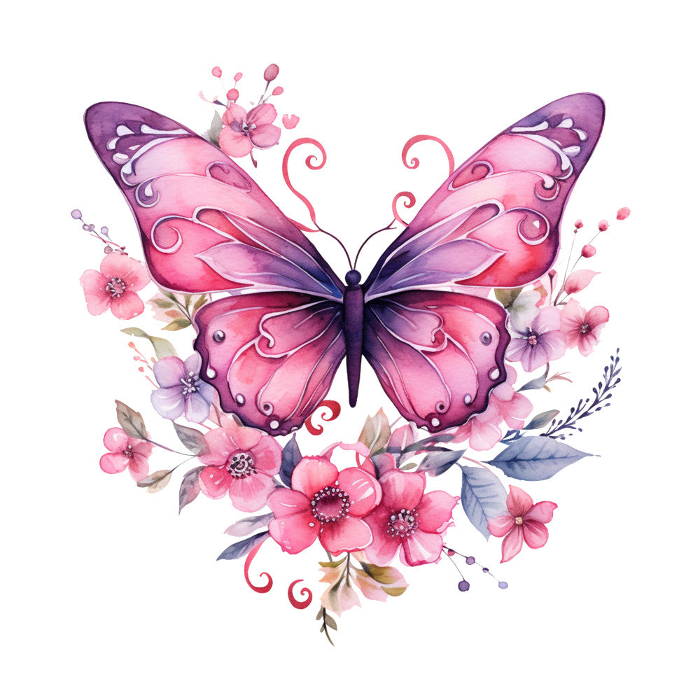 butterfly, pink, purple, magenta, lavender, watercolor style, floral, flowers, blossoms, fabric panel, quilting cotton, breast cancer awareness, delicate wings, botanical elements, soft pastels, feminine design, decorative swirls, nature motif, craft fabric, patchwork panel