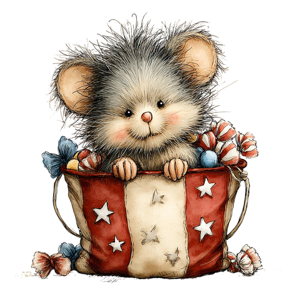 cute mouse, whimsical animals, red and cream, tan brown, white stars, patriotic, americana, woodland creatures, children's, baby, sweet animal, folk art style, rustic charm, vintage inspired, decorative basket, floral accents, blue flowers, cottage core, nursery decor, wall hanging, quilt panel, country style, traditional, playful, charming illustration, animal portrait, storybook illustration, neutral background
