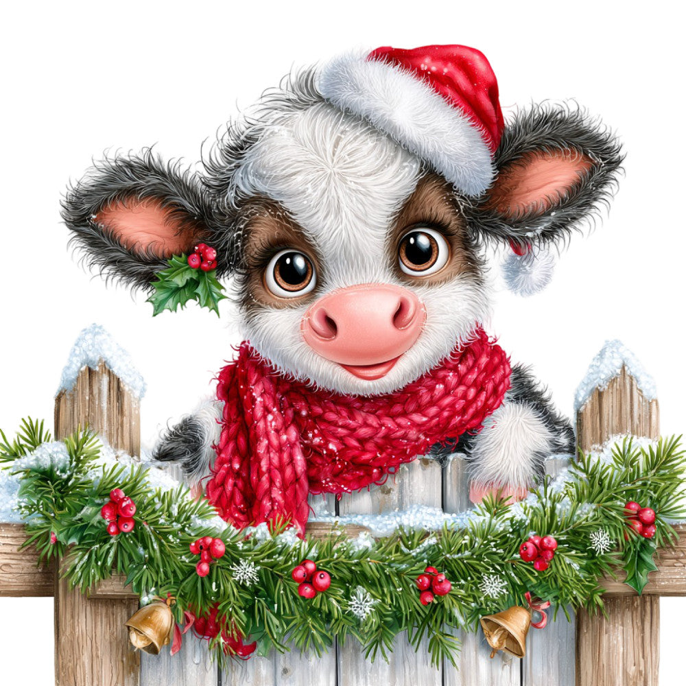 christmas cow, holiday cow, festive farm animal, santa hat, red scarf, winter farmhouse, rustic christmas, country holiday, farm animal panel, cow face, cute cow, whimsical cow, christmas animals, holiday farm, red and white, cream white, forest green, gold bells, rustic wood fence, winter berries, holly leaves, snowflakes, farmhouse christmas, traditional holiday, festive animals, cow portrait, cheerful holiday, country christmas, christmas panel, wall hanging