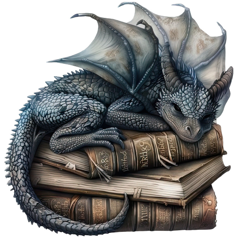 Dragon Sleeping on Books Fabric Panel 9 showing detailed gray dragon resting atop antique brown leather-bound books printed on premium cotton fabric.