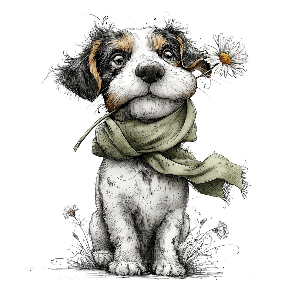 cute dog, spaniel, puppy, dog portrait, animal illustration, whimsical, charming, daisy flowers, floral accents, sage green, cream white, tan brown, black and white, ink drawing, sketch style, botanical, spring, nature themed, children's fabric, nursery, playful, friendly, gentle, countryside, pastoral, decorative panel, wall art, scarf design