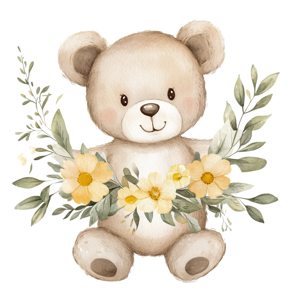 cute teddy bear, cream, beige, tan, soft yellow, pale yellow, sage green, watercolor, floral, botanical, animals, nature, whimsical, sweet, gentle, baby, nursery, children's, daisy, flowers, leaves, foliage, spring, soft colors, pastel, illustration, storybook, tender, adorable, gender neutral