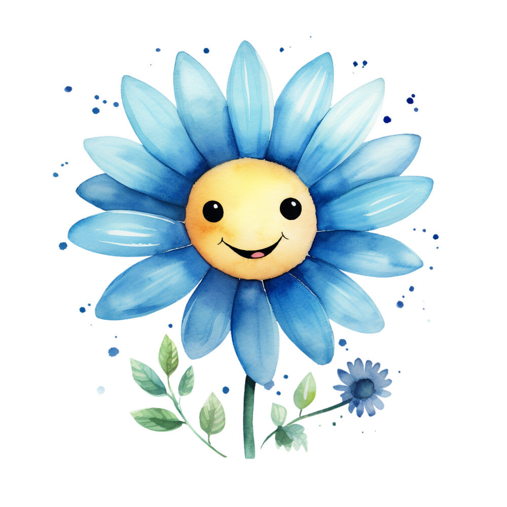 blue flower, smiling face, watercolor style, happy expression, daisy design, yellow center, blue petals, green leaves, fabric panel, quilting cotton, cheerful mood, floral motif, cartoon flower, children's fabric, spring theme, cute character, botanical design, whimsical art, craft material, sewing panel