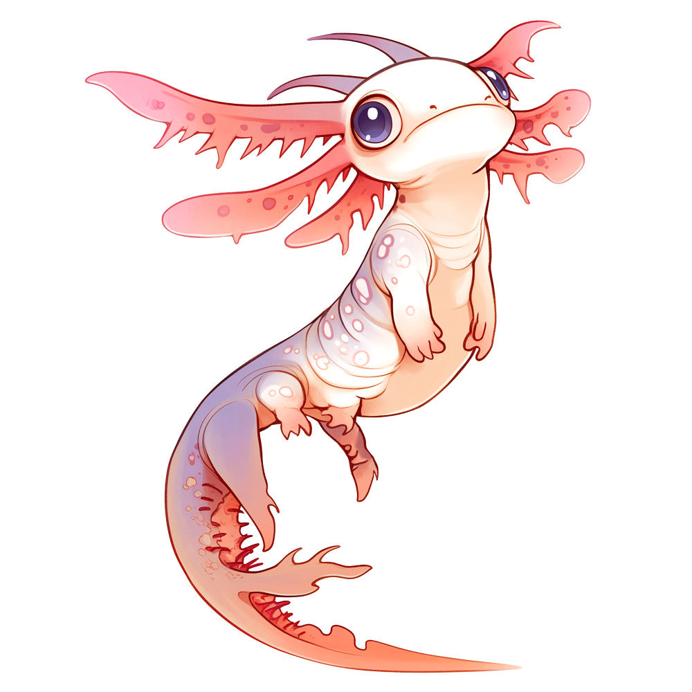 pink, coral, purple, white, cartoon axolotl, salamander, cute animal, kawaii style, fantasy creature, aquatic pet, fabric panel, quilting cotton, children's fabric, nursery decor, whimsical design, pastel colors, anime inspired, adorable character, craft material, sewing panel