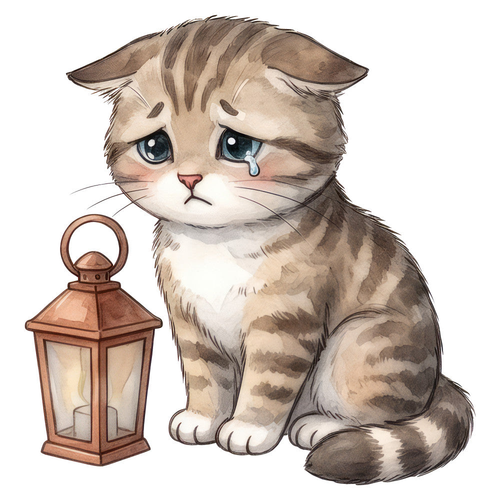 sad cat, crying cat, tabby cat, striped cat, brown tabby, tan and white, blue eyes, teary eyes, emotional cat, lantern, copper lantern, whimsical, cute animals, cat lover, pet themed, illustrated cat, watercolor style, gentle, sweet, sorrowful, melancholy, nursery, children's, decorative panel, wall art, animal portrait, kawaii style, feline, domestic cat
