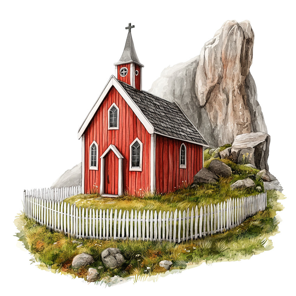 red church, stave church, mountain landscape, rocky cliffs, white picket fence, nordic architecture, watercolor style, fabric panel, quilting cotton, scenic illustration, pastoral scene, countryside, moss green, stone gray, red barn siding, church steeple, cross symbol, natural textures, scandinavian design, landscape artwork
