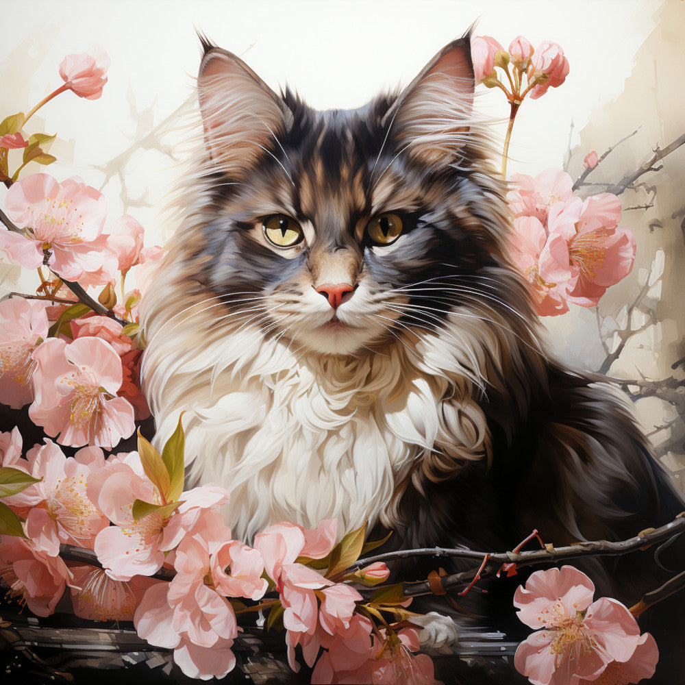 Watercolor Cats with Flowers Fabric Panel 4 showing a detailed long-haired cat surrounded by delicate pink blossoms on quilting cotton.