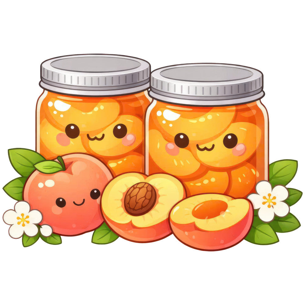 peach, coral pink, golden yellow, orange, cream, bright green, cute, whimsical, kawaii, food, fruit, preserves, jam jars, canning, peaches, sliced peaches, smiling faces, cheerful, playful, nature-inspired, summer, spring, harvest, farmhouse, sweet, food illustration, charming, decorative panel, children's fabric, novelty print