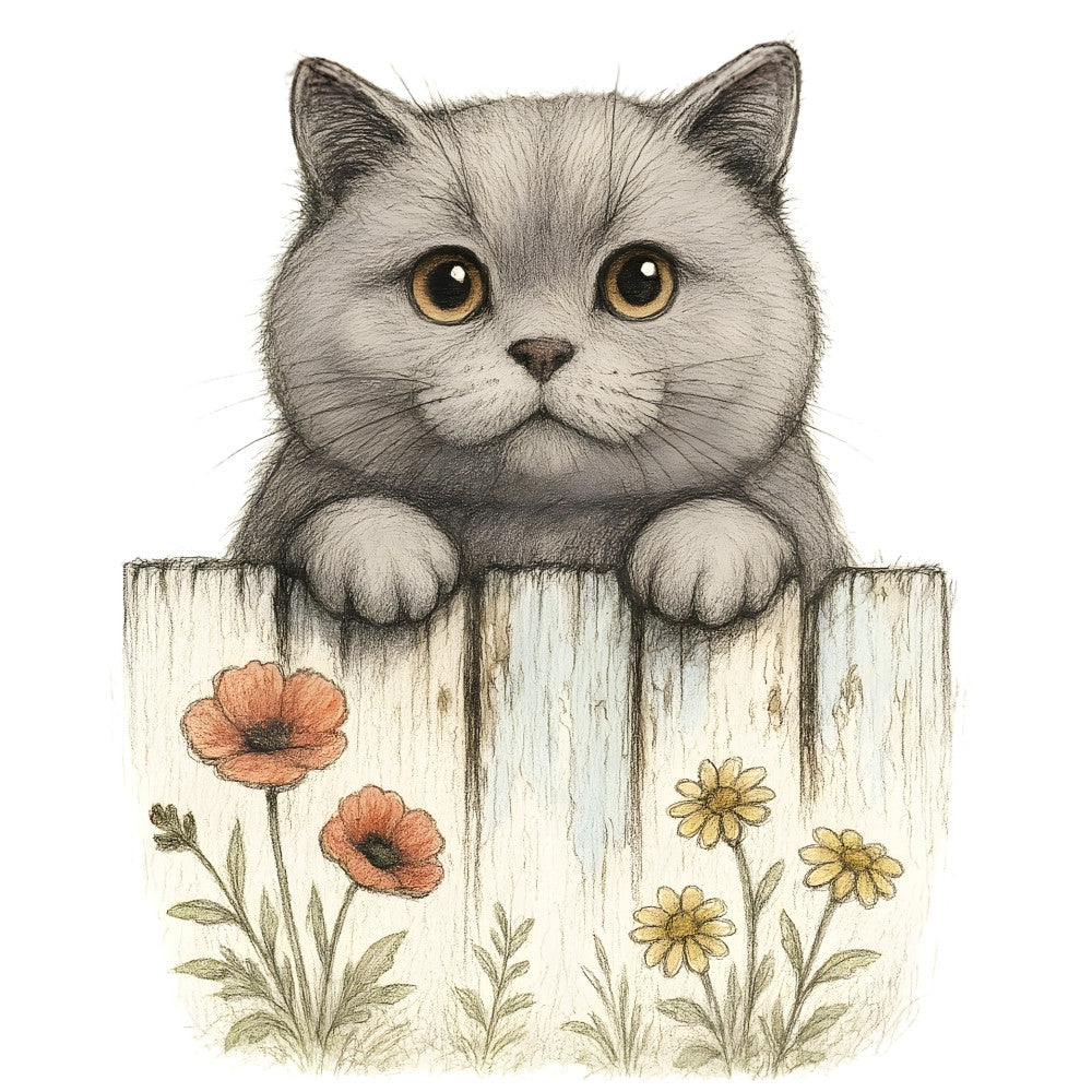 cat, kitten, gray cat, white cat, golden eyes, flowers, floral, poppies, daisies, coral pink, yellow, cream, white, beige, tan, green leaves, whimsical, cute, animal, nature, botanical, vintage, garden, cottage style, rustic, sweet, adorable, spring, summer, wall hanging