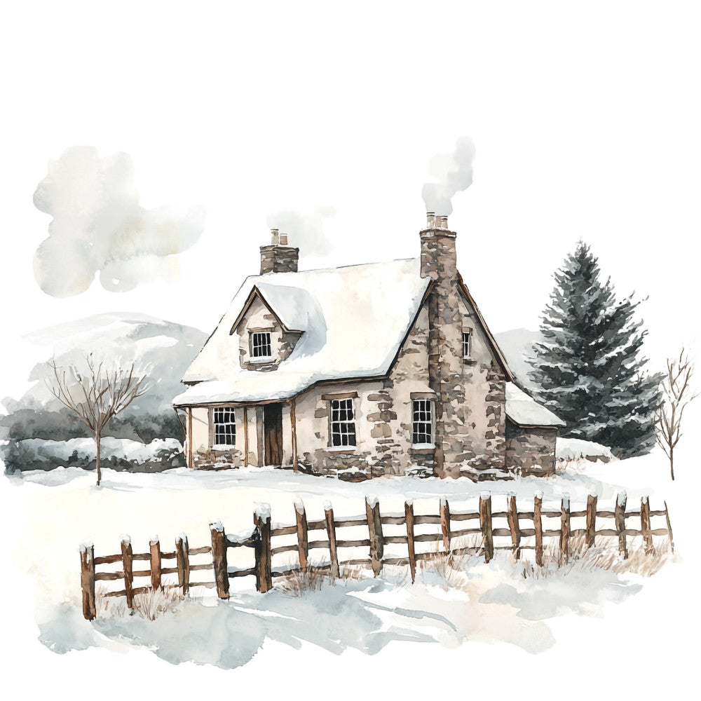 winter scene, stone cottage, snow covered, watercolor style, rustic chimney, wooden fence, evergreen tree, neutral tones, beige walls, gray roof, white snow, brown fence, fabric panel, quilting cotton, countryside landscape, cozy cabin, scottish architecture, bare trees, cloudy sky, rural setting
