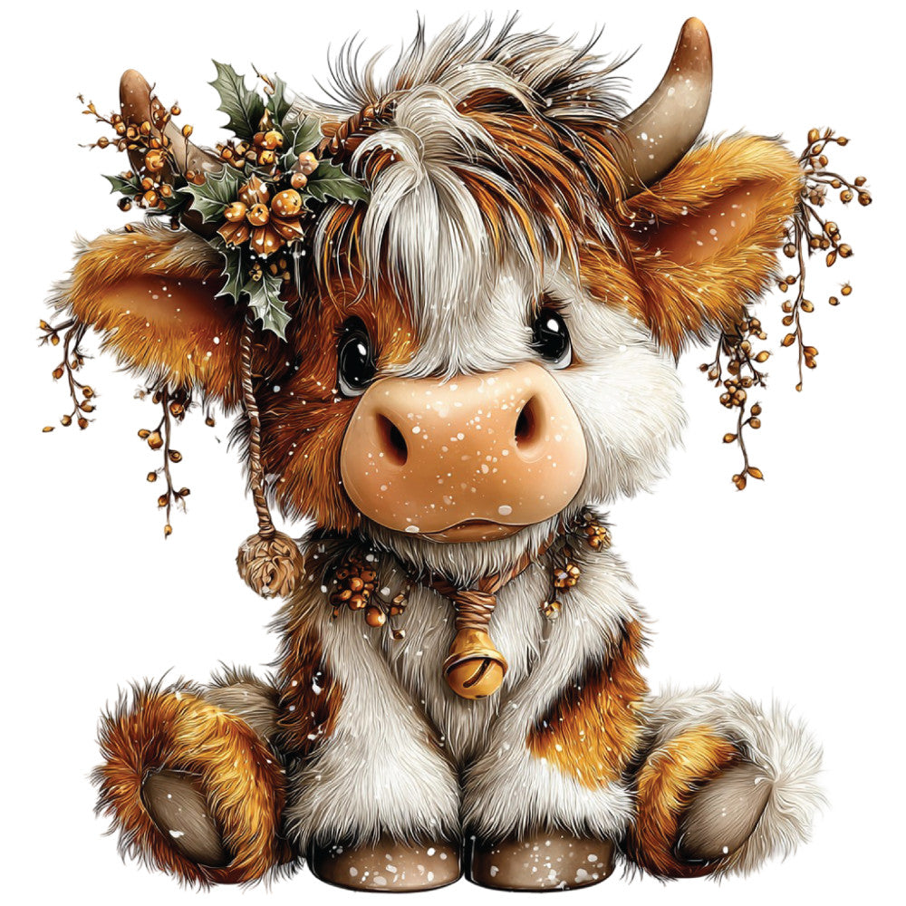 highland cow, christmas decorations, brown fur, white markings, orange accents, festive garland, holly berries, golden bell, fluffy texture, winter theme, cute animal, sitting pose, snowflakes, fabric panel, quilting cotton, seasonal design, farm animal, rustic charm, holiday motif, adorable character