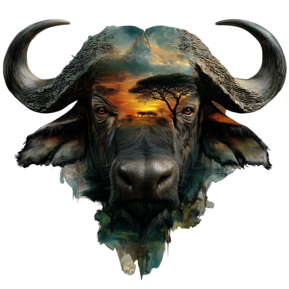 buffalo, wildlife, african animals, safari, double exposure, nature, sunset, landscape, golden hour, amber, burnt orange, forest green, teal, black, earth tones, double image, animal portrait, artistic, modern, bohemian, nature-inspired, animals, mammals, spiritual, mystical, wall art, decorative panel, statement fabric, abstract naturalistic, boho