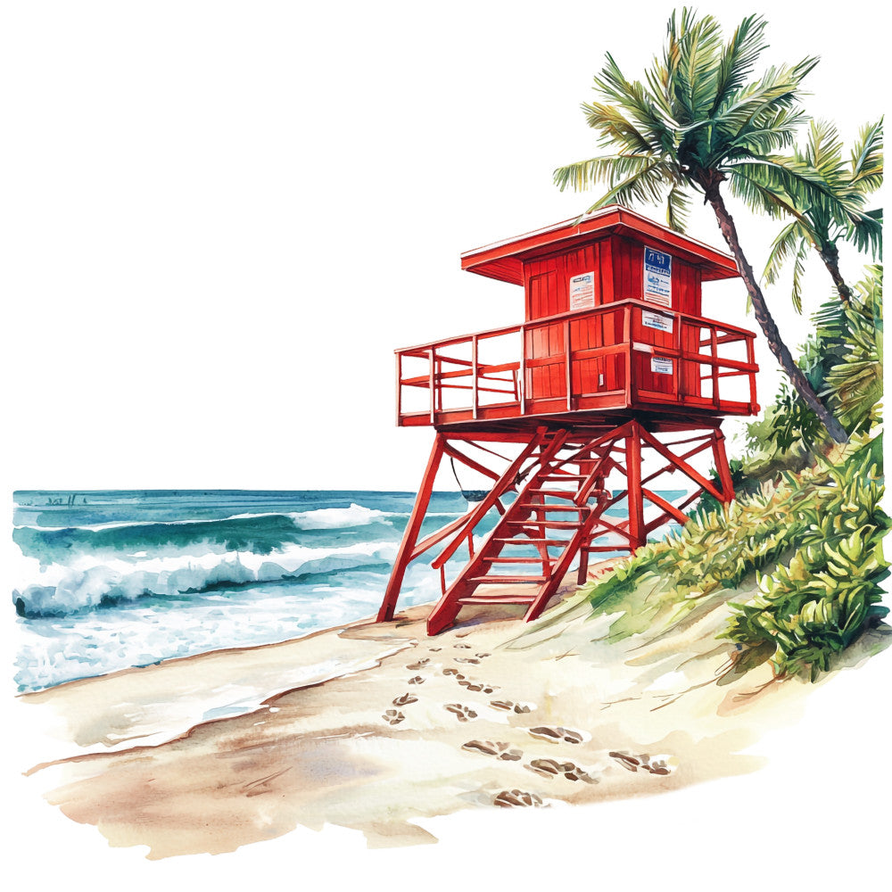 red lifeguard tower, beach scene, palm trees, ocean waves, tropical paradise, watercolor style, coral red, turquoise blue, sandy beige, coastal theme, summer vibes, california beach, fabric panel, quilting cotton, vintage illustration, seaside artwork, footprints in sand, surf and sand, beach house decor, tropical getaway
