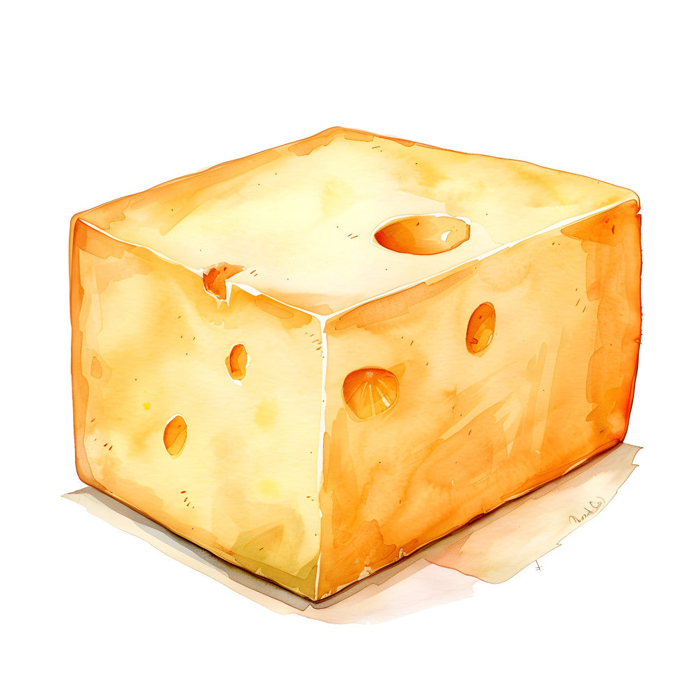 cheese print, cheddar yellow, golden yellow, butter yellow, orange yellow, swiss cheese, cheese block, food print, food themed, kitchen print, novelty print, whimsical, playful, cute, cheese holes, culinary, farmhouse, country, rustic, food lover, chef themed, cottage core, yellow and orange, warm tones, comfort food, cheese lover gift, kitchen decor, fun print, lighthearted
