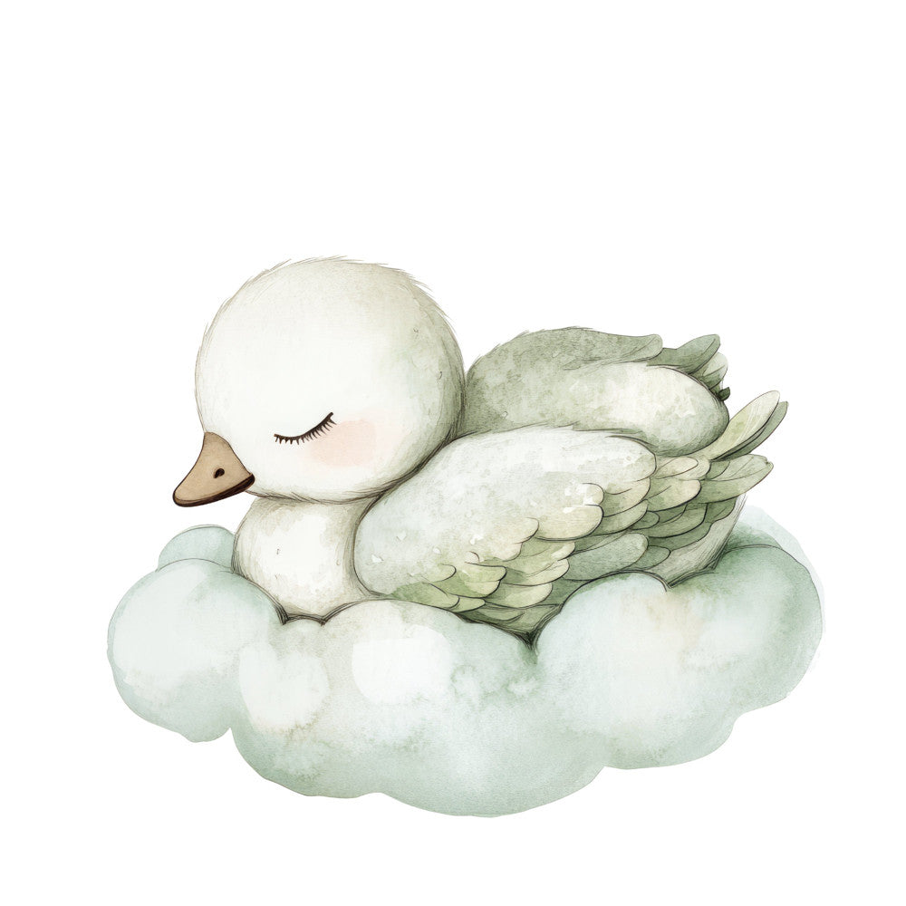 sage green, white, cream, soft green, watercolor, whimsical, nursery, baby, animals, birds, duck, sleeping, clouds, gentle, dreamy, pastel, nature, peaceful, celestial, sweet, delicate, illustration, storybook, baby quilt, wall hanging, baby shower, gender neutral, soft colors, woodland, serene