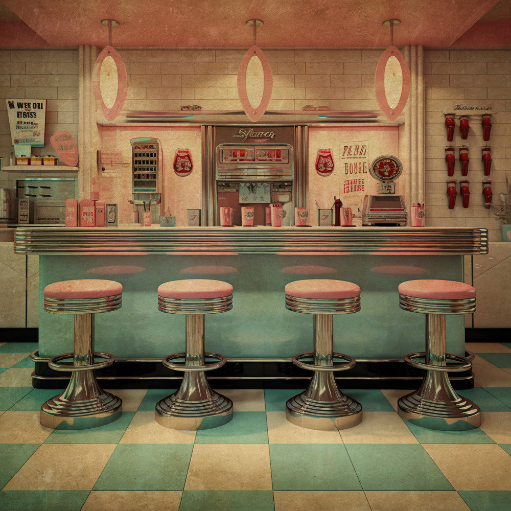 vintage diner, retro 1950s, coral pink, mint green, turquoise, cream, mid-century modern, nostalgic, americana, soda fountain, diner scene, chrome details, bar stools, checkered floor, geometric stripes, whimsical, retro aesthetic, kitchen decor, diner counter, vintage signage, pastel colors, art deco, classic americana, kitsch, collectible, novelty print, architectural, commercial diner design