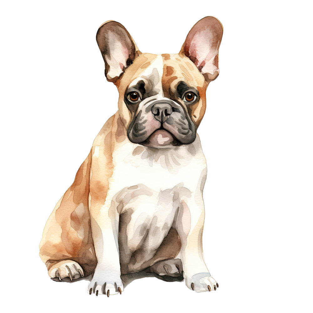 Watercolor Dogs Fabric Panel 6 featuring a detailed watercolor illustration of a sitting French Bulldog on white background.