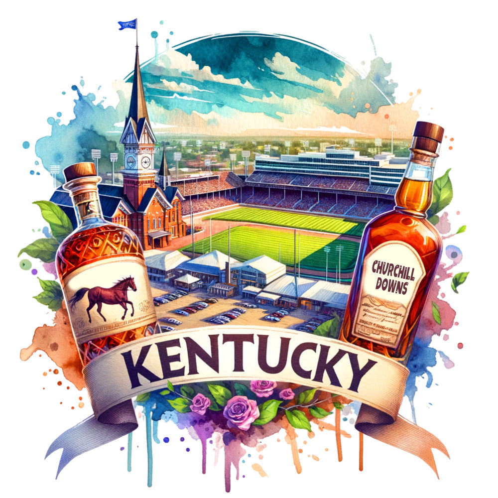 US States Retro Travel Fabric Panel 2 featuring Kentucky landmarks, bourbon bottles, and Churchill Downs in vibrant watercolor style.