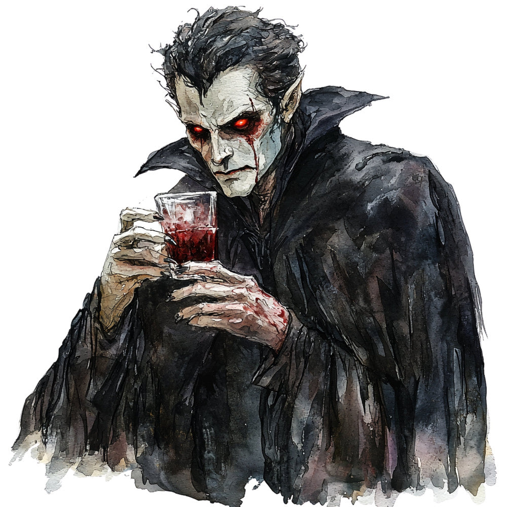 vampire, gothic, halloween, dark aesthetic, spooky, blood red, charcoal black, pale white, supernatural, undead, horror, drinking glass, red wine, elegant gothic, dark fantasy, moody, dramatic, mysterious, macabre, fanged character, pointed ears, glowing red eyes, dark clothing, cape, vintage horror, halloween costume, evil character, dark romance, gothic style