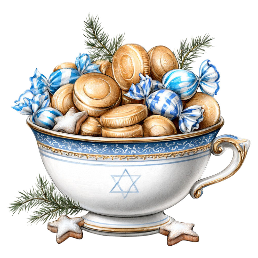 gold, blue and white, star of david, hanukkah, jewish, holiday, ornaments, striped ornaments, gingham, evergreen, pine branches, festive, elegant, traditional, vintage, whimsical, decorative bowl, cookies, baked goods, winter, celebration, spiritual, religious, torah, menorah theme, gold trim, porcelain style, classic, timeless