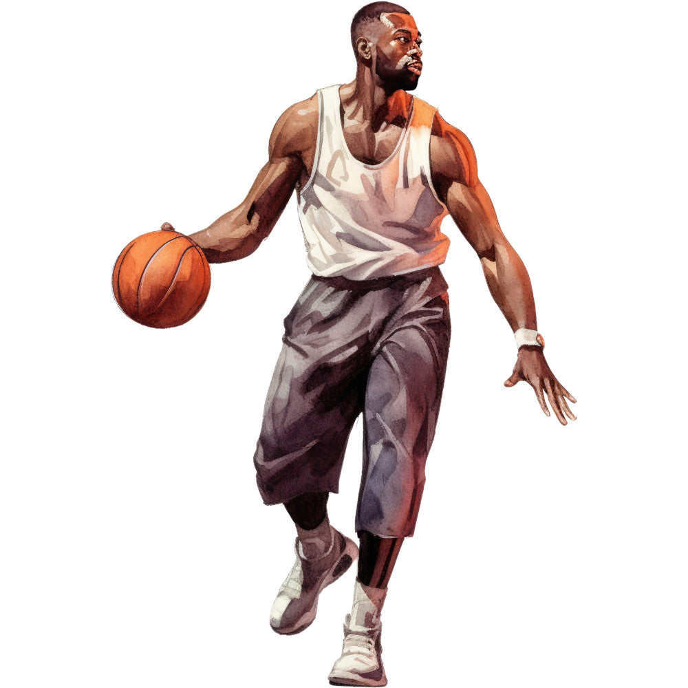 basketball player, sports, athletic, male figure, action pose, vintage sports, retro athletics, cream white, burnt orange, warm brown, dusty brown, tan, khaki, basketball, sports illustration, vintage illustration, athletic wear, tank top, basketball shorts, sneakers, figurative, portrait, people, men's sports, retro style, classic sports, inspired by vintage, mid-century illustration, recreational sports, casual athletic
