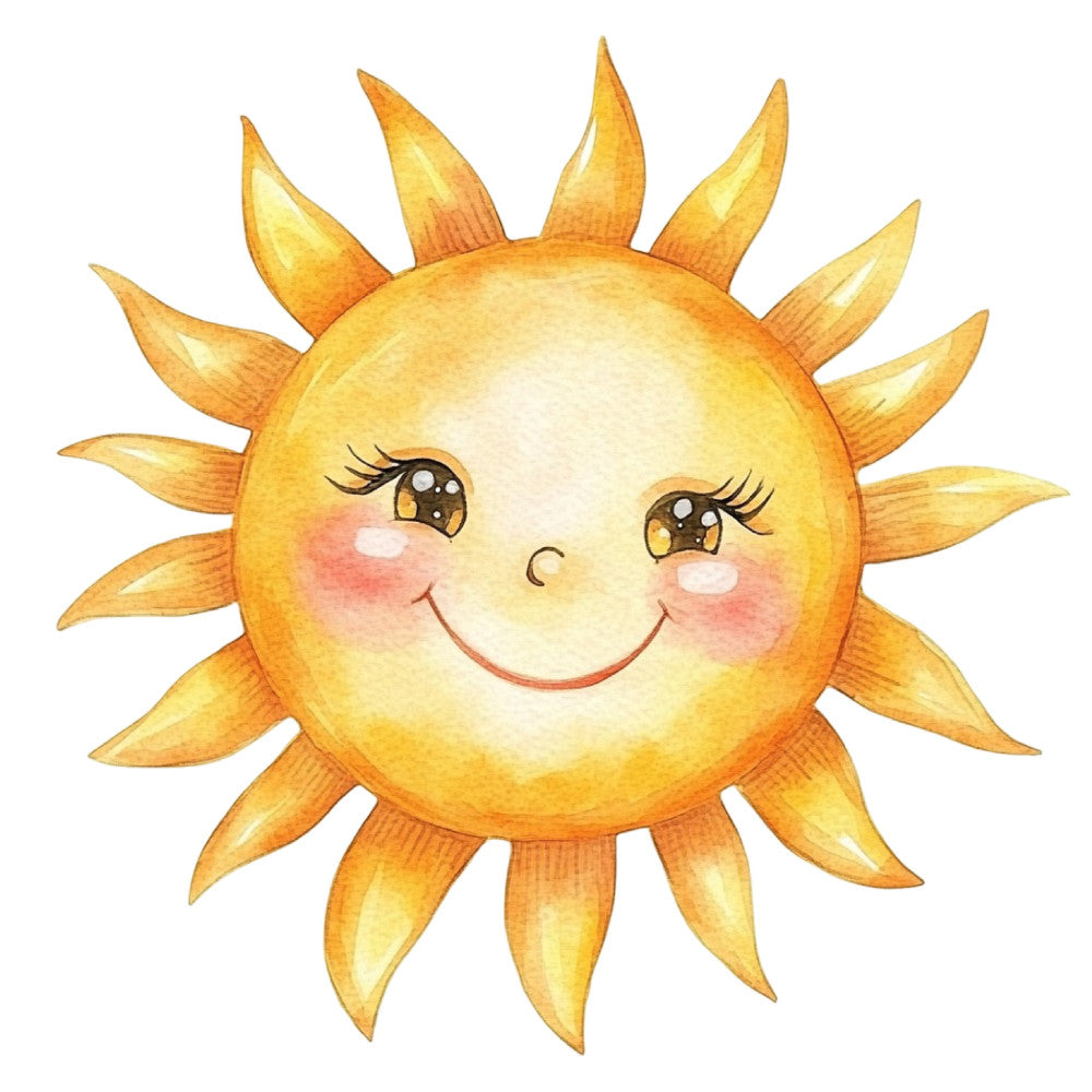 cheerful sun, smiling sun, happy face, golden yellow, bright yellow, sunshine yellow, orange yellow, cute face, whimsical, children's, kid friendly, nursery, baby, sun motif, celestial, nature, summer, spring, sunny day, playful, sweet expression, rosy cheeks, illustrative, storybook style, character design, toddler, daycare, uplifting, positive, warm colors