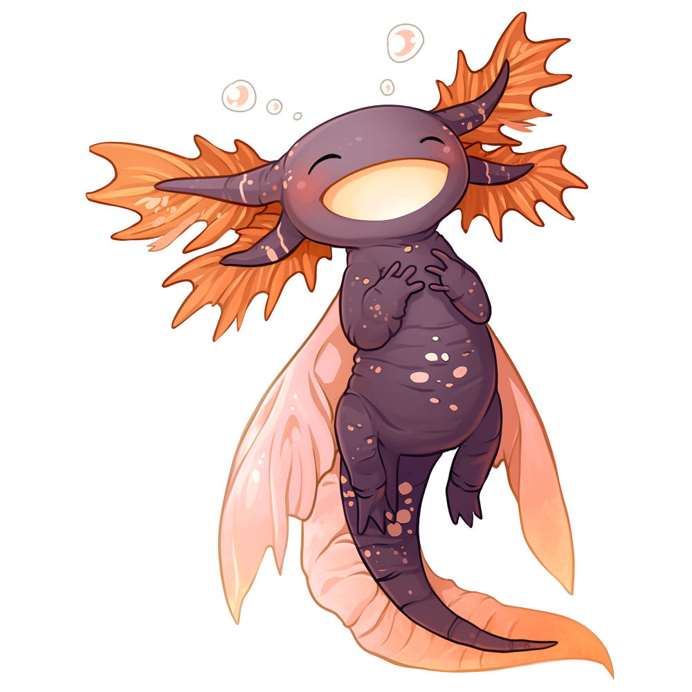 cartoon axolotl, purple salamander, orange fins, coral pink, aquatic creature, underwater bubbles, cute kawaii, digital illustration, fabric panel, quilting cotton, amphibian design, pastel colors, chibi style, marine life, children's fabric, adorable character, swimming pose, gradient tail, playful mood, craft panel