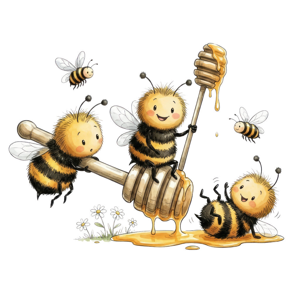 honey gold, golden yellow, black, cream, whimsical, bees, honey, honeycomb, flowers, daisies, nature, spring, summer, children, kids, baby, cute, playful, charming, sweet, illustrated, cartoon, animal themed, garden themed, honey drip, busy bees, nursery, storybook style, cheerful