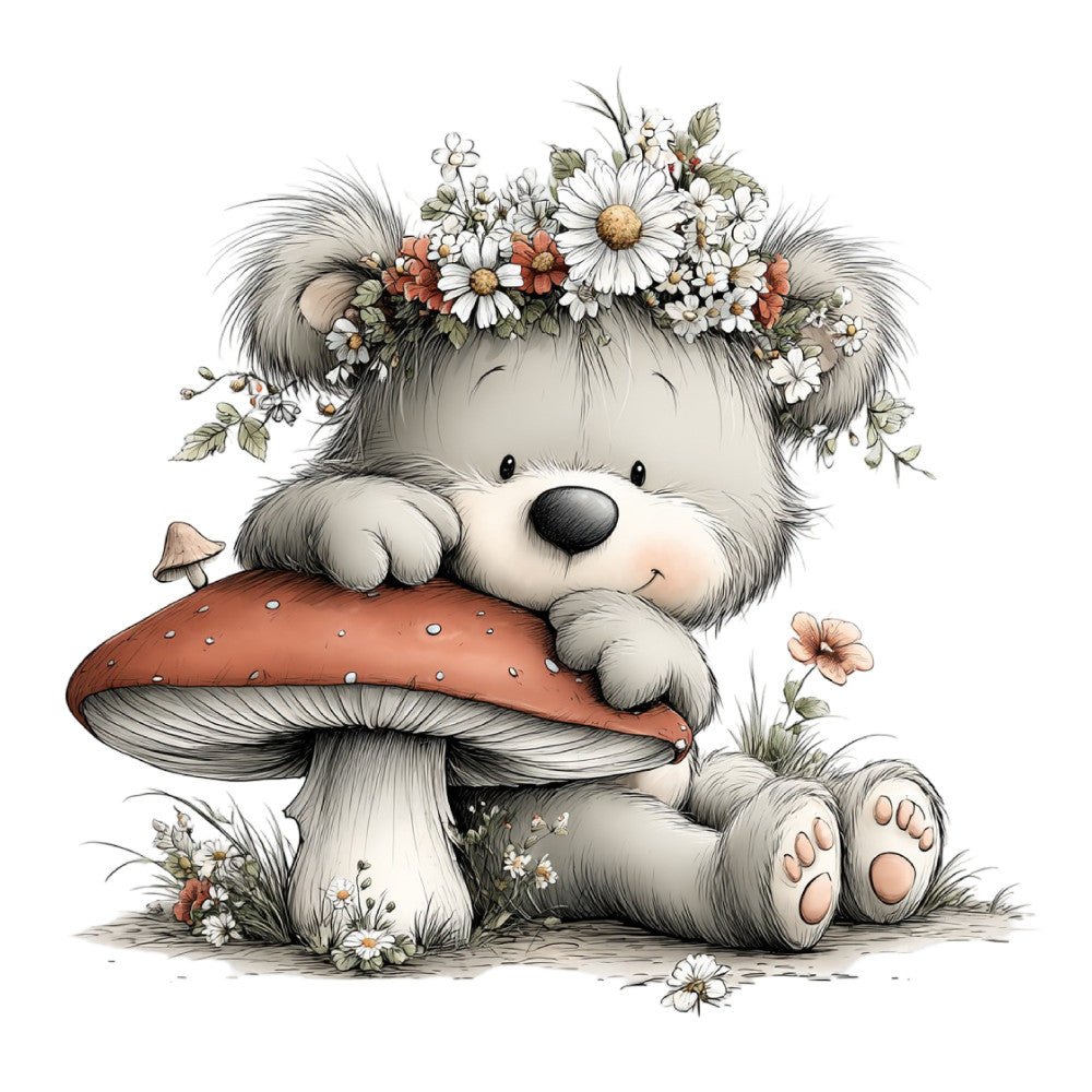 fluffy animal, cute bear, woodland creature, flower crown, daisy, white flowers, coral pink, rust orange, cream, soft gray, whimsical, children's illustration, storybook, fairy tale, nature themed, forest friends, mushroom, spring flowers, botanical, garden, sweet, playful, nursery, baby quilt, wall hanging, decorative panel, charming, vintage style, pastoral, enchanted forest