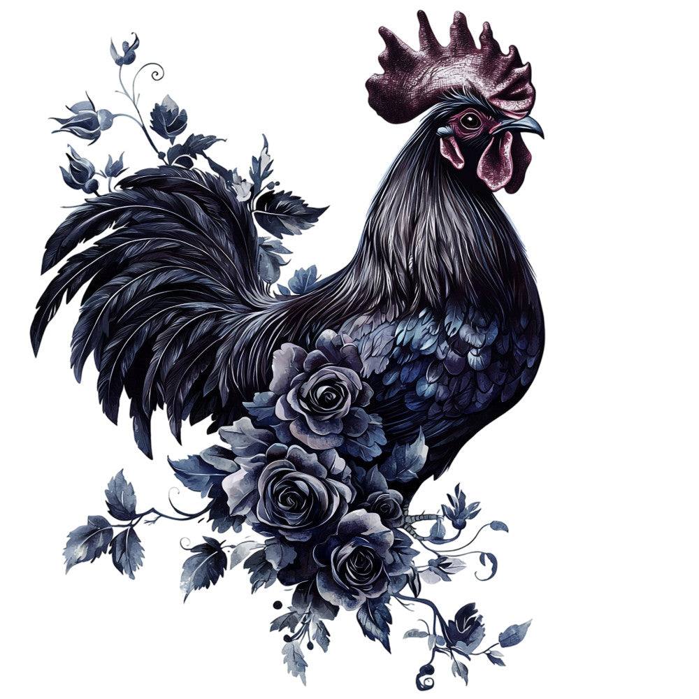 navy blue, deep purple, burgundy, black feathers, rooster, cockerel, dark roses, floral vines, ornate design, gothic style, moody artwork, fabric panel, quilting cotton, decorative plumage, botanical elements, dramatic styling, rich tones, detailed illustration, pewter accents, vintage inspired