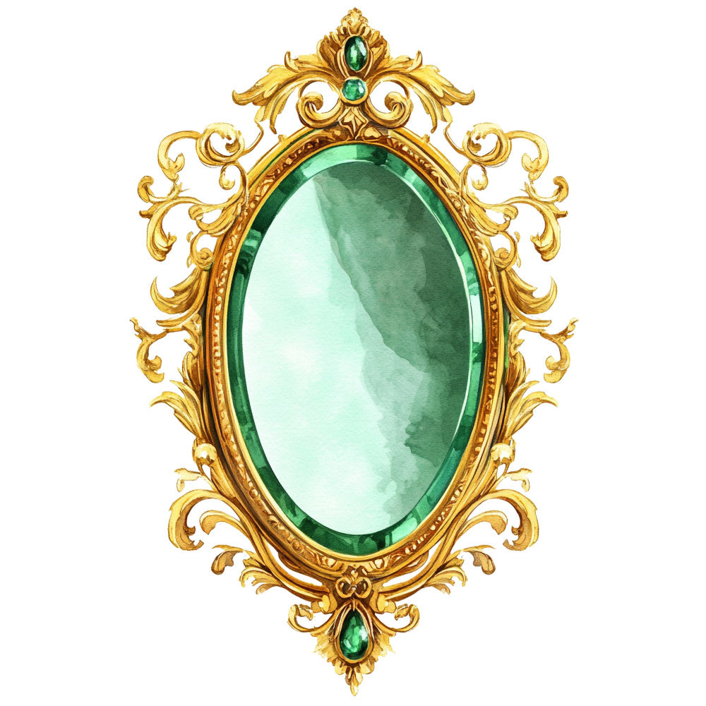 emerald green, gold, ornate frame, baroque, vintage mirror, elegant, ornamental, decorative, jewel tone, luxury, ornate border, scrollwork, filigree, traditional, sophisticated, antique, gemstone, mirror panel, statement piece, home decor, wall art, botanical inspired, jeweled accents, regal, classic, timeless, victorian, opulent