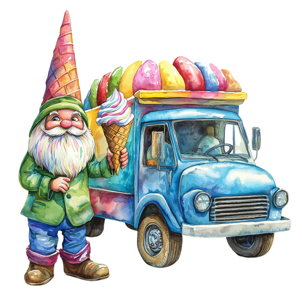 ice cream truck, gnome, whimsical, colorful, rainbow, vintage truck, fairy tale, storybook, children's, playful, bright colors, multi-color, yellow, pink, blue, green, purple, coral, novelty, summer, ice cream cone, candy, fun, cheerful, folk art, illustrated, magical, kids fabric, character print