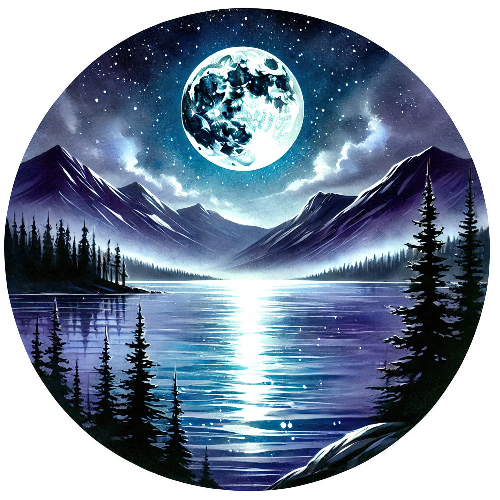 navy blue, teal, white, purple, mountain landscape, full moon, starry night, lake reflection, evergreen trees, circular panel, nighttime scene, wilderness, nature scene, cotton fabric, quilting panel, peaceful mood, moonlight, forest silhouettes, water reflections, rocky mountains