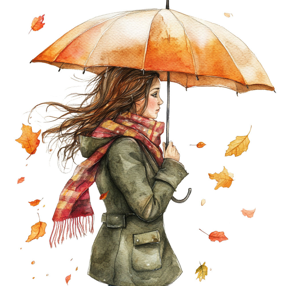 autumn, fall, woman, girl, nature, seasonal, leaves, maple leaves, oak leaves, orange, golden yellow, rust, olive green, sage green, burgundy red, plaid scarf, whimsical, illustration, watercolor, vintage, elegant, cozy, jacket, umbrella, falling leaves, nostalgic, literary, rainy day, thanksgiving