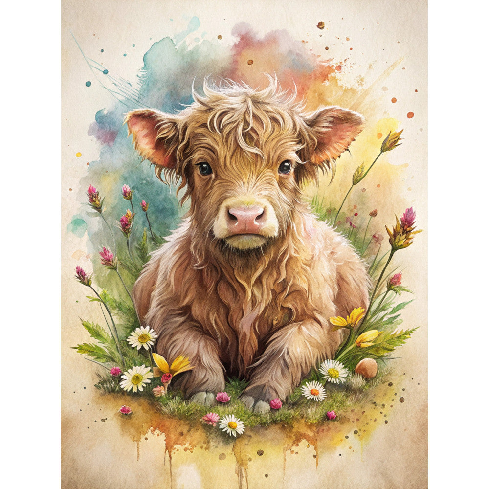 highland cow, watercolor style, floral elements, pastoral scene, brown fur, blonde hair, wildflowers, daisies, pink flowers, green grass, colorful splashes, farm animal, scottish cattle, rustic charm, nature scene, fabric panel, quilting cotton, soft pastels, country living, meadow flowers
