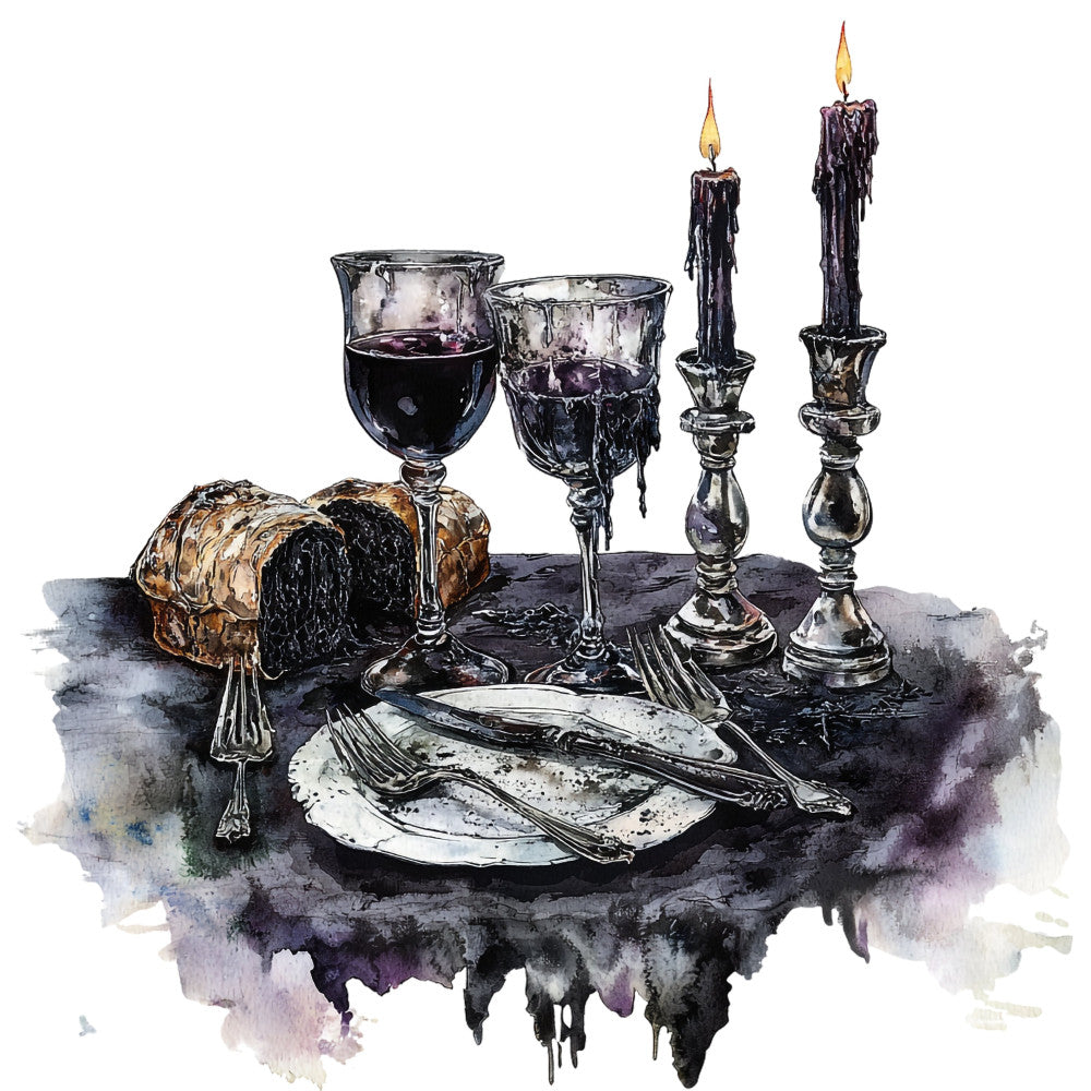 gothic, dark academia, black candles, wine glasses, dinner table, elegant, vintage, moody, dramatic, dark purple, deep burgundy, charcoal gray, metallic silver, gothic aesthetic, formal dining, Halloween, spooky, witchy, dark romantic, candlelit, luxury, sophisticated, dark mystical, edgy, contemporary, upscale entertaining, dramatic tablescape, ornate silverware, fine dining