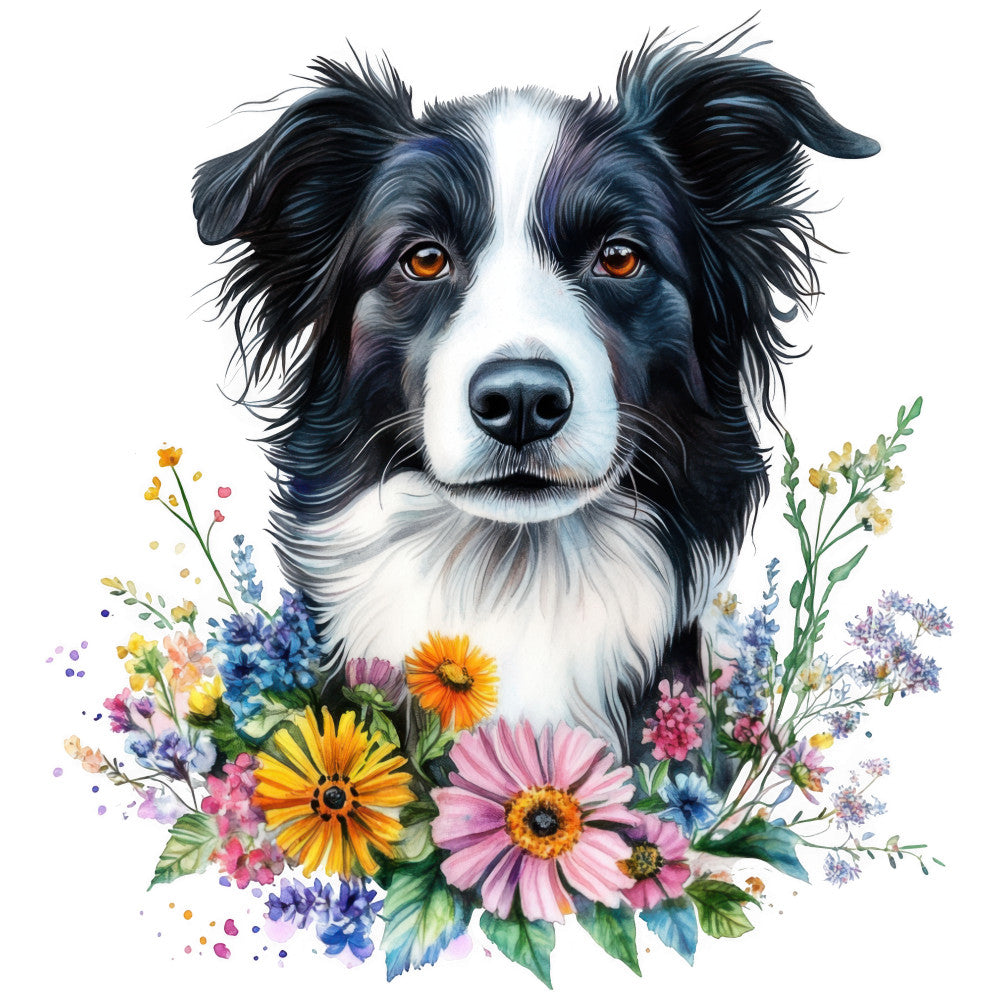 watercolor, border collie, dog portrait, black and white fur, amber eyes, wildflowers, floral arrangement, spring flowers, pink blooms, yellow daisies, purple flowers, orange petals, botanical elements, fabric panel, quilting cotton, pet themed, realistic artwork, soft pastels, nature inspired, craft project
