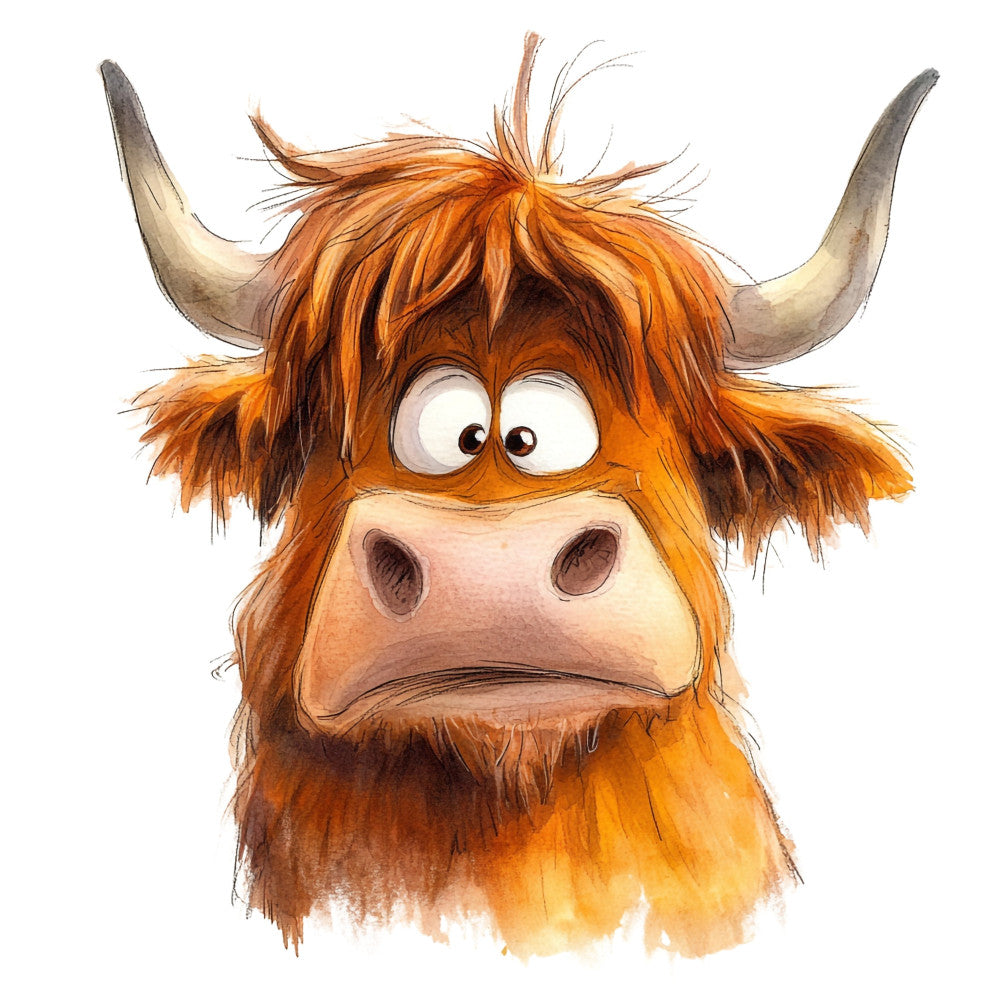 orange, rust, brown, tan, cream, burnt orange, animal, cow, highland cattle, bull, whimsical, cartoon, funny, humorous, children's, character, farm animal, farmhouse, rustic, playful, comic, expressive, livestock, Scottish, domestic animal, quirky, fun, kid-friendly, animal faces, charming