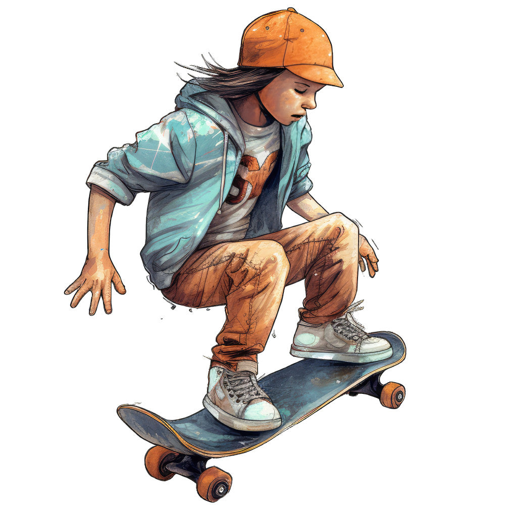 skateboard, boy, child, youth, sports, action, turquoise, orange, rust, brown, tan, cream, teal, illustrative, modern, contemporary, casual, cool, urban, street culture, hobby, recreation, energetic, dynamic, artistic, graphic, realistic, watercolor style, kids decor, juvenile