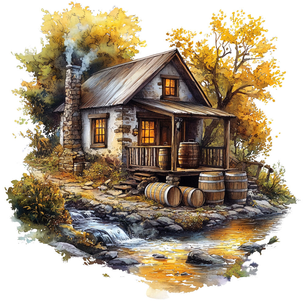 autumn foliage, golden yellow, warm orange, rustic cabin, stone chimney, wooden barrels, whiskey distillery, watercolor style, creek scene, fall trees, cozy cottage, bourbon theme, fabric panel, quilting cotton, nostalgic mood, country scene, flowing water, peaceful setting, craft project, panel print