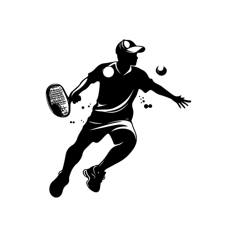 black and white, silhouette, sports, tennis, athlete, active wear, modern, minimalist, geometric, line art, monochrome, contemporary, recreation, fitness, movement, action, dynamic, unisex, casual style, graphic design, bold contrast, illustration, figure, person, outdoor activities, lifestyle, youth oriented
