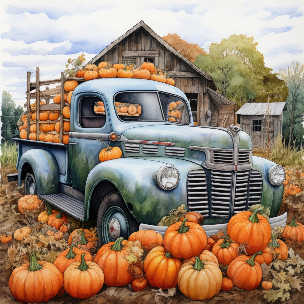 autumn, fall, harvest, pumpkin, vintage truck, farmhouse, rustic, countryside, barn, nature, pastoral, orange, teal blue, green, cream, sky blue, weathered, nostalgic, retro, americana, folk art, seasonal, pumpkin patch, agricultural, country, antique vehicle, detailed illustration, whimsical, traditional