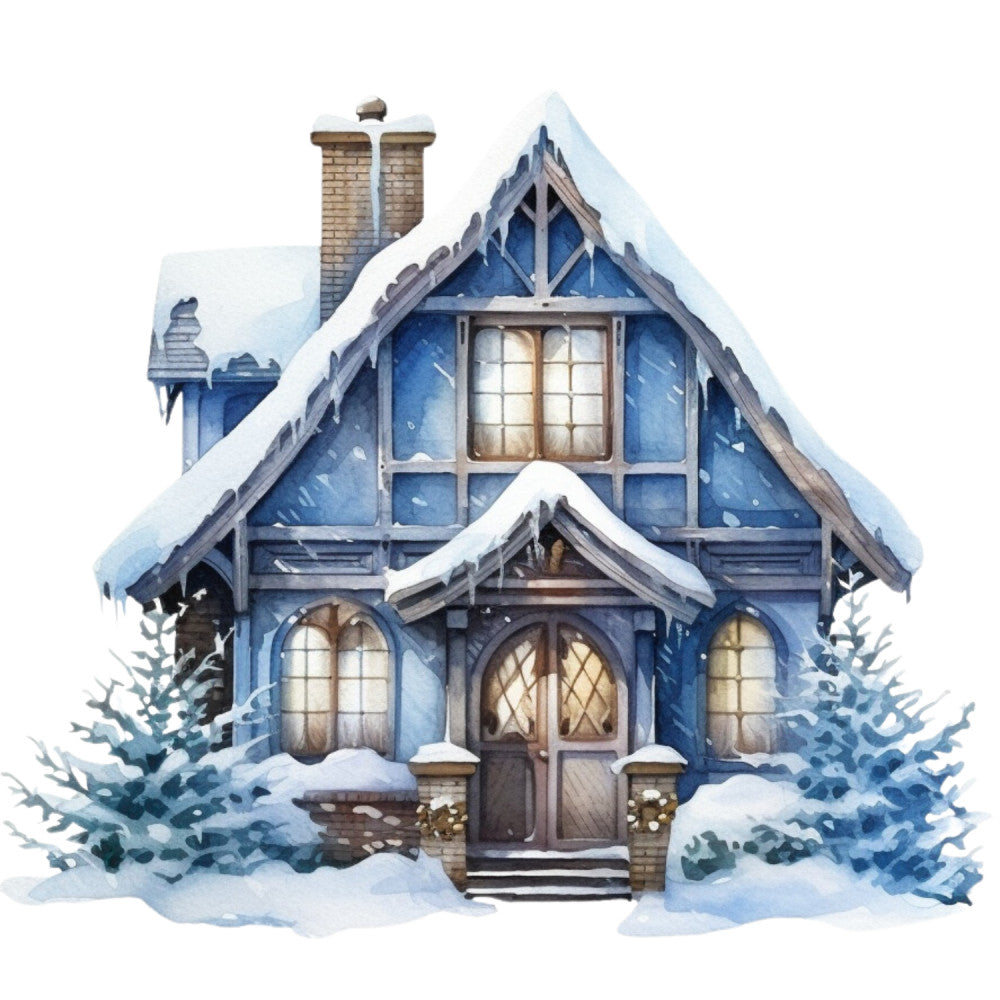 Watercolor Winter Houses Fabric Panel 31