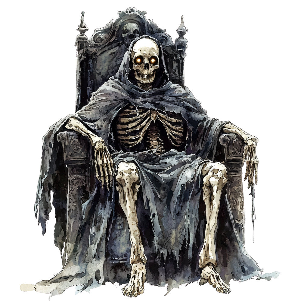 skeleton, grim reaper, death, skull, bones, gothic, dark gray, charcoal, cream, gold accents, haunting, spooky, halloween, macabre, vintage gothic, ornate throne, memento mori, dark fantasy, horror theme, eerie, dramatic, moody, black and white, metallic gold, baroque, victorian gothic, supernatural, dark art, october, autumn