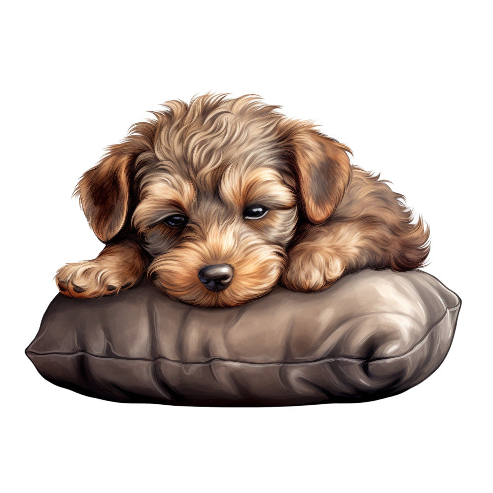 puppy, dog, doodle, goldendoodle, labradoodle, cockapoo, cute animals, animal portrait, pet lover, brown, tan, cream, beige, taupe, warm tones, realistic illustration, whimsical, playful, cozy, comfort, children's fabric, nursery, baby quilt, pet themed, dog bed, companion animals, soft and cuddly, animal lovers, relaxed pose, sleeping puppy