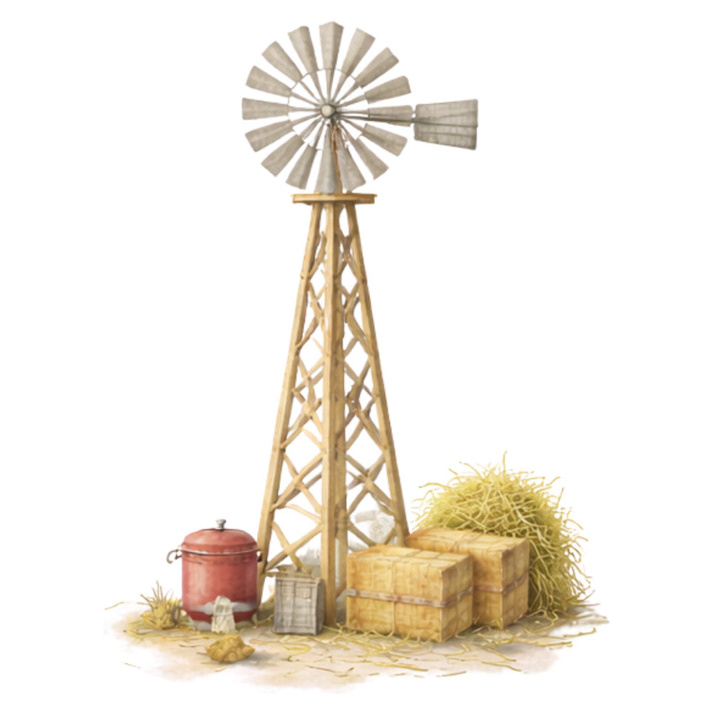 windmill, farmhouse, rural, countryside, vintage, rustic, farm life, pastoral, americana, hay bales, red barn, agricultural, prairie, western, homestead, tan, beige, cream, red, natural tones, earth tones, nostalgic, traditional, folk art, country living, farm animals, rural americana, decorative, wall hanging, spring