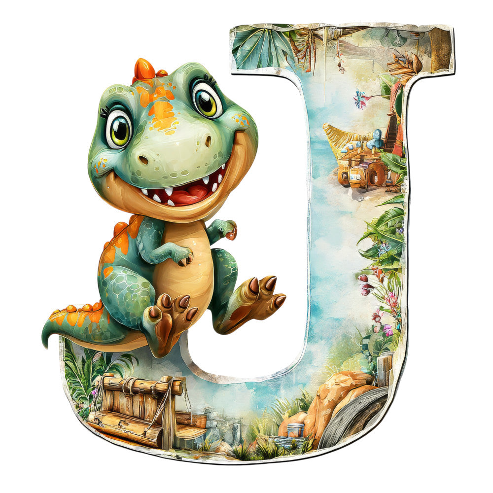 dinosaur, letter j, green, orange, turquoise, tropical, jungle scene, cartoon style, friendly dinosaur, fabric panel, quilting cotton, prehistoric theme, adventure scene, bright colors, children's fabric, playful design, treasure chest, palm trees, whimsical illustration